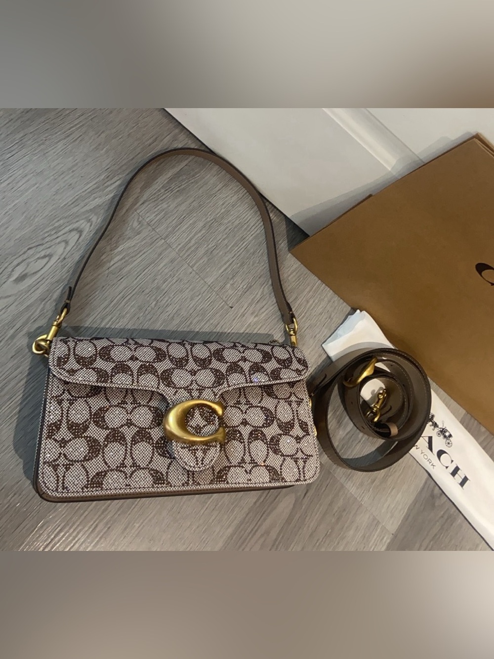Coach Beige/Brown Signature Canvas Shoulder Bag with Gold Hardware